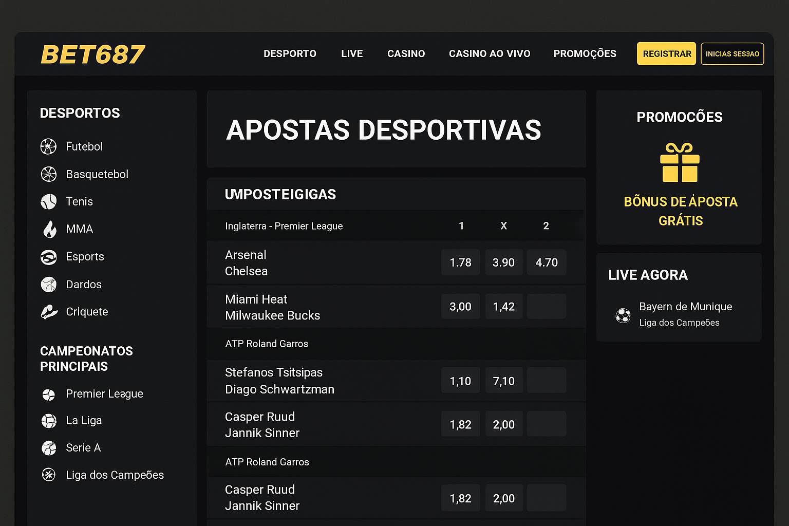 Apostas esportivas no cassino online BET687